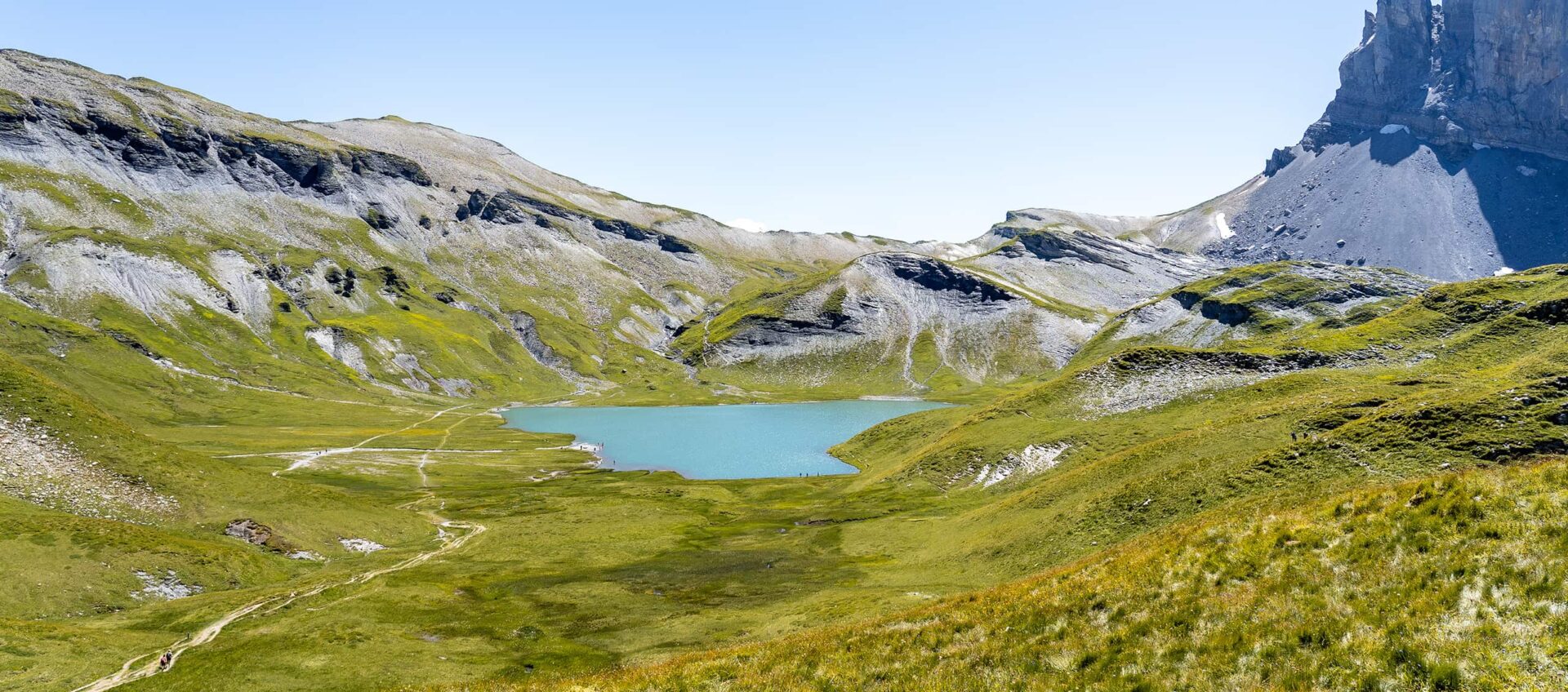 blue lake in green landscape